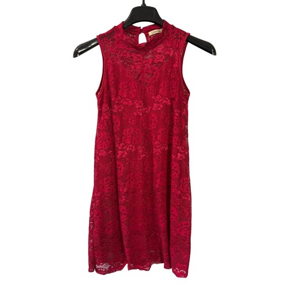 Liberty Love Sleeveless Red Lace Mini Dress Size M High Neck Keyhole Back Lined - Picture 1 of 5